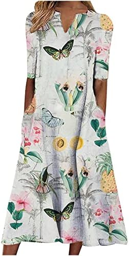 Haljine za žene cvjetna print majica V V izrez Ljetne casual haljine s kratkim rukavima s džepovima Kaseta za plažu
