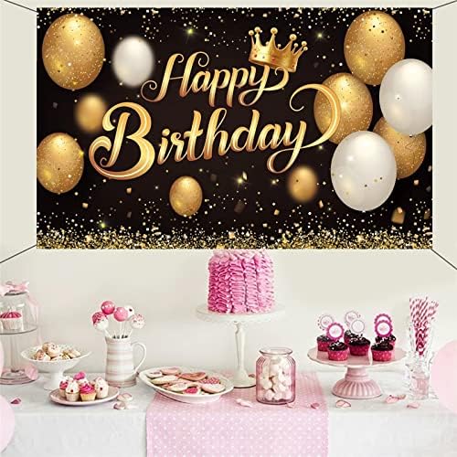 HOTIYOK Happy Birthday Backdrop Banner Black And Gold Party dekoracije za žene muškarci Glitter Balloon / Crown Birthday Party Supplies