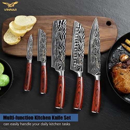 Set noža Vinnar, 5 komada japanskog kuhinjskog kuhinjskog noža, super oštro oštrica od nehrđajućeg čelika s pakkawood ručkom, profesionalni