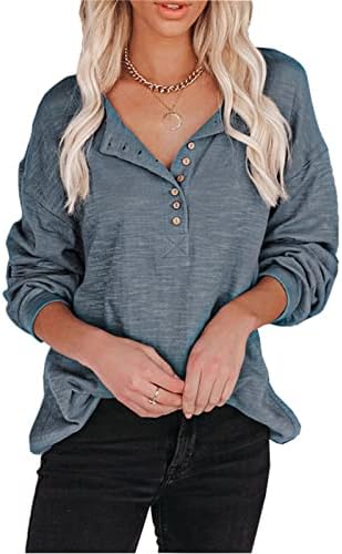 Silunma2021 Ženska casual gumba V izrez Casual Slouchy Loove Solid Boja Top dugih rukava opuštene majice