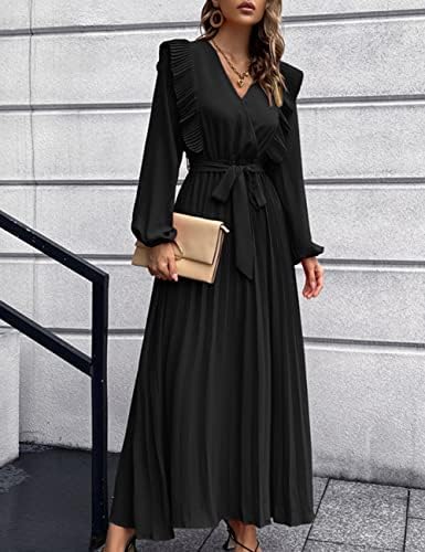 SOMLIZ ženska Ležerna haljina sa volanima Dugi rukav V izrez maksi haljina A kroja sa pojasom